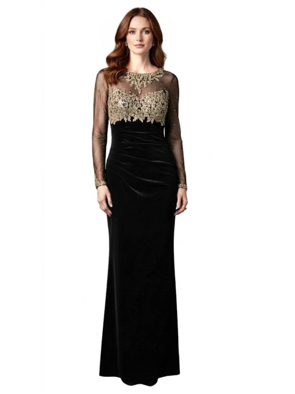 Xscape Beaded Illusion Bodice Velvet Evening Gown, Black & Gold, Womens Size 2